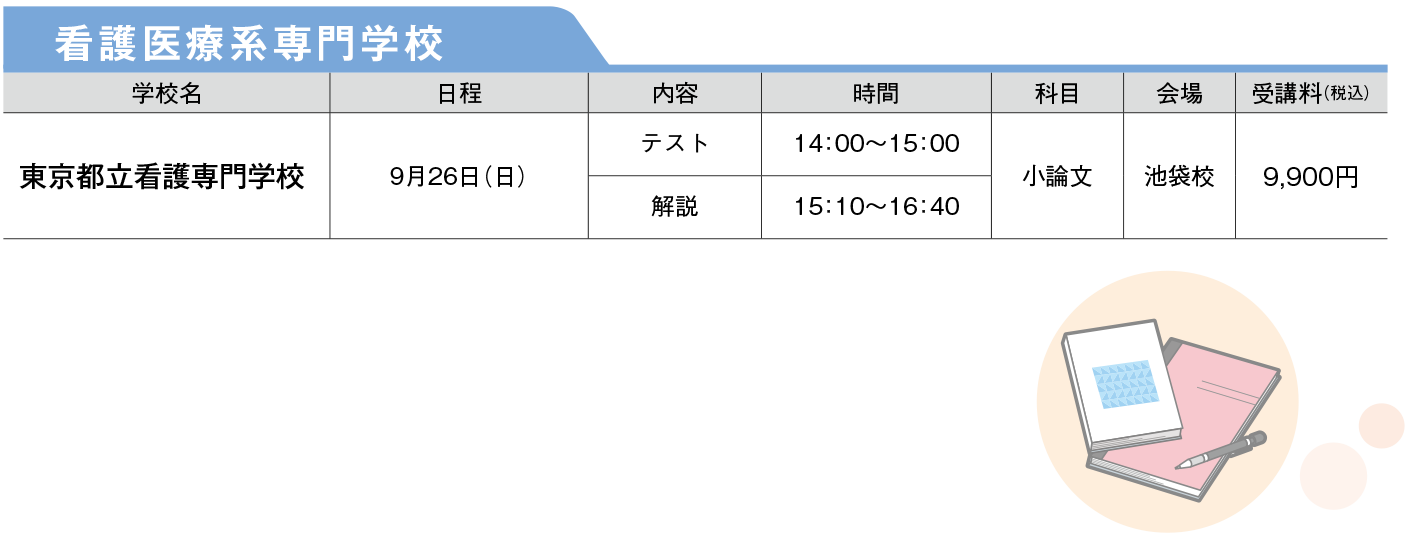 新セミ 志望校別特訓　看護医療系専門学校スケジュール