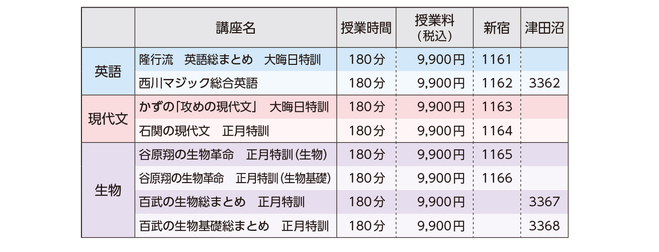 大晦日・正月特訓料金表