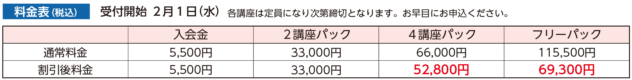 特別講座料金表