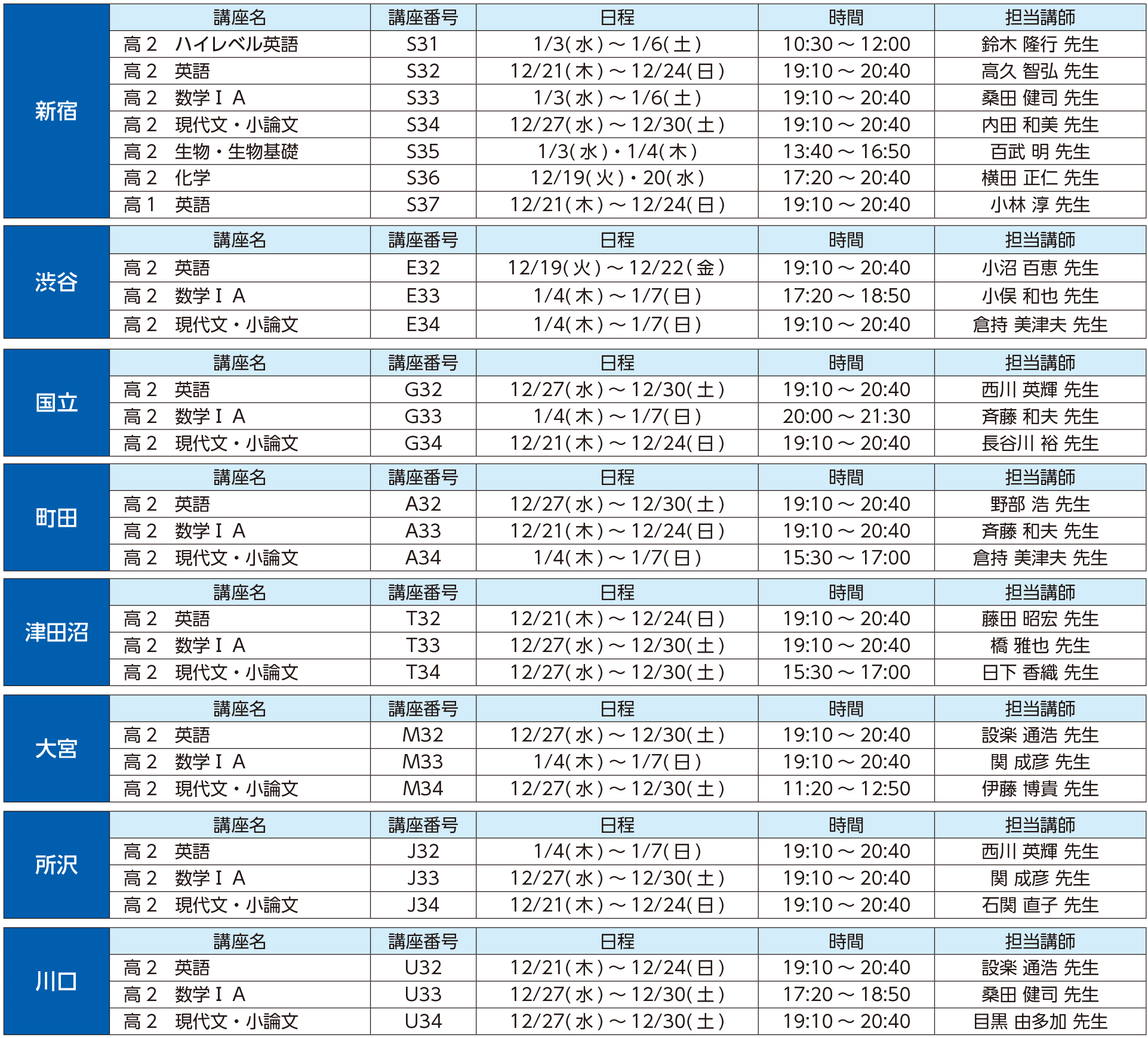 冬期講習時間割