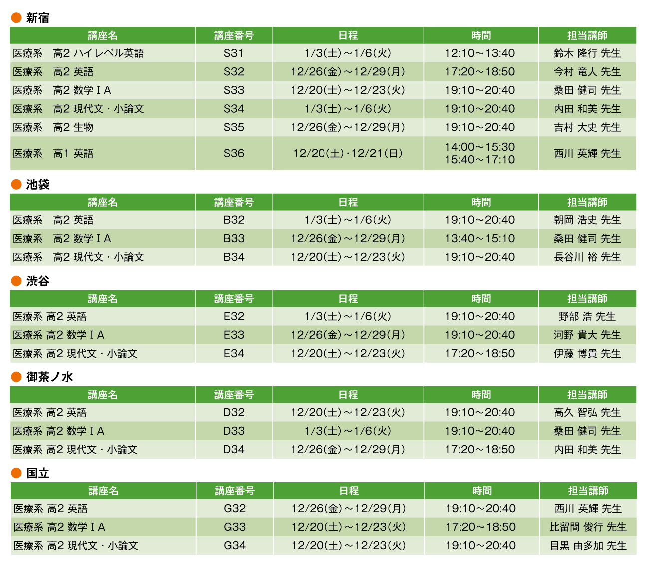 冬期講習時間割