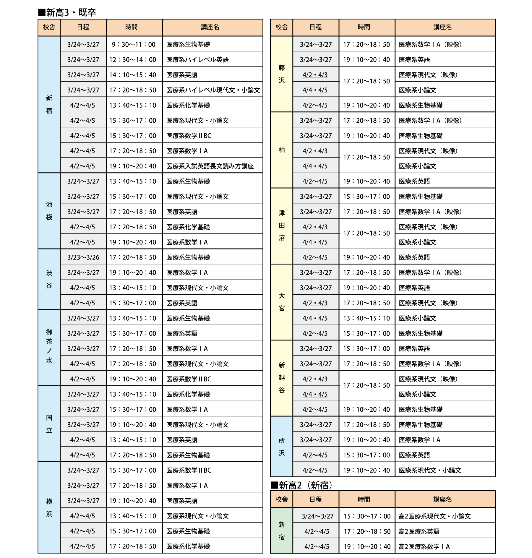 春期講習会 ライブ（対面）授業校舎別時間割